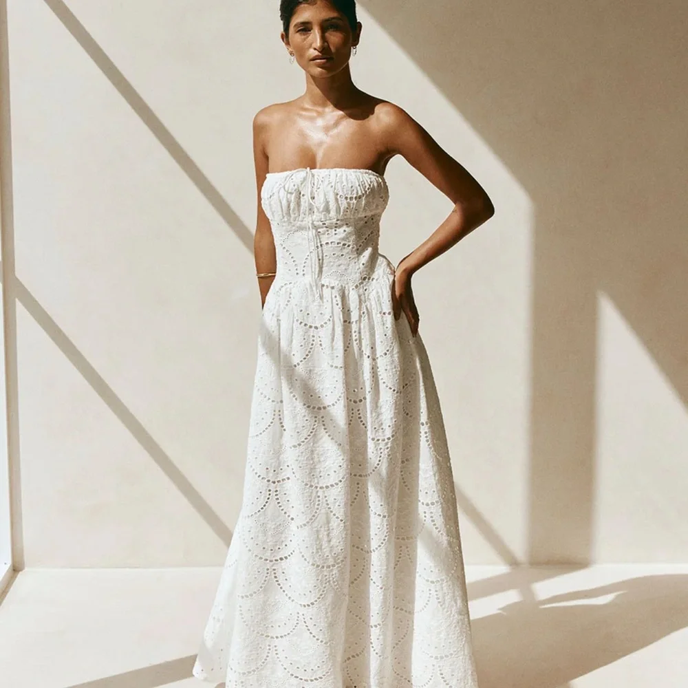 Strapless White Eyelet Midi Dress - Picture 2 of 5